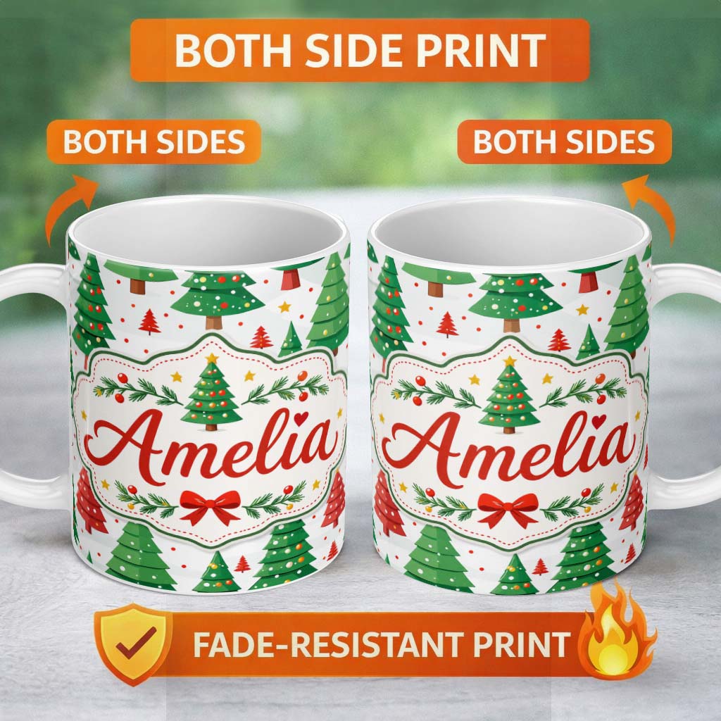 Personalized Custom Name Modern Christmas Trees in Red and Green Winter Scene Seamless Lovely 11oz Ceramic Coffee Tea Mug White Large Handle