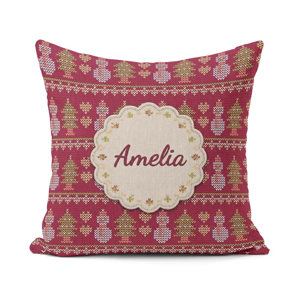 Custom Name Cute Snowman Christmas Tree Knit Pattern Green White Square Filled Cushion Throw Pillow Sofa Bed Home Decor Zip Washable UK Made