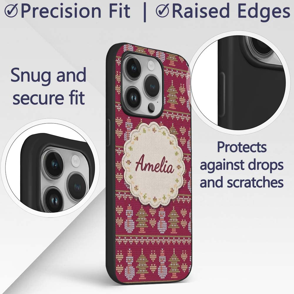 Cute Snowman Christmas Tree Knit Pattern Burgundy Custom Name Protective Phone Case Mobile Cover Durable Everyday Smartphone Shock Resistant