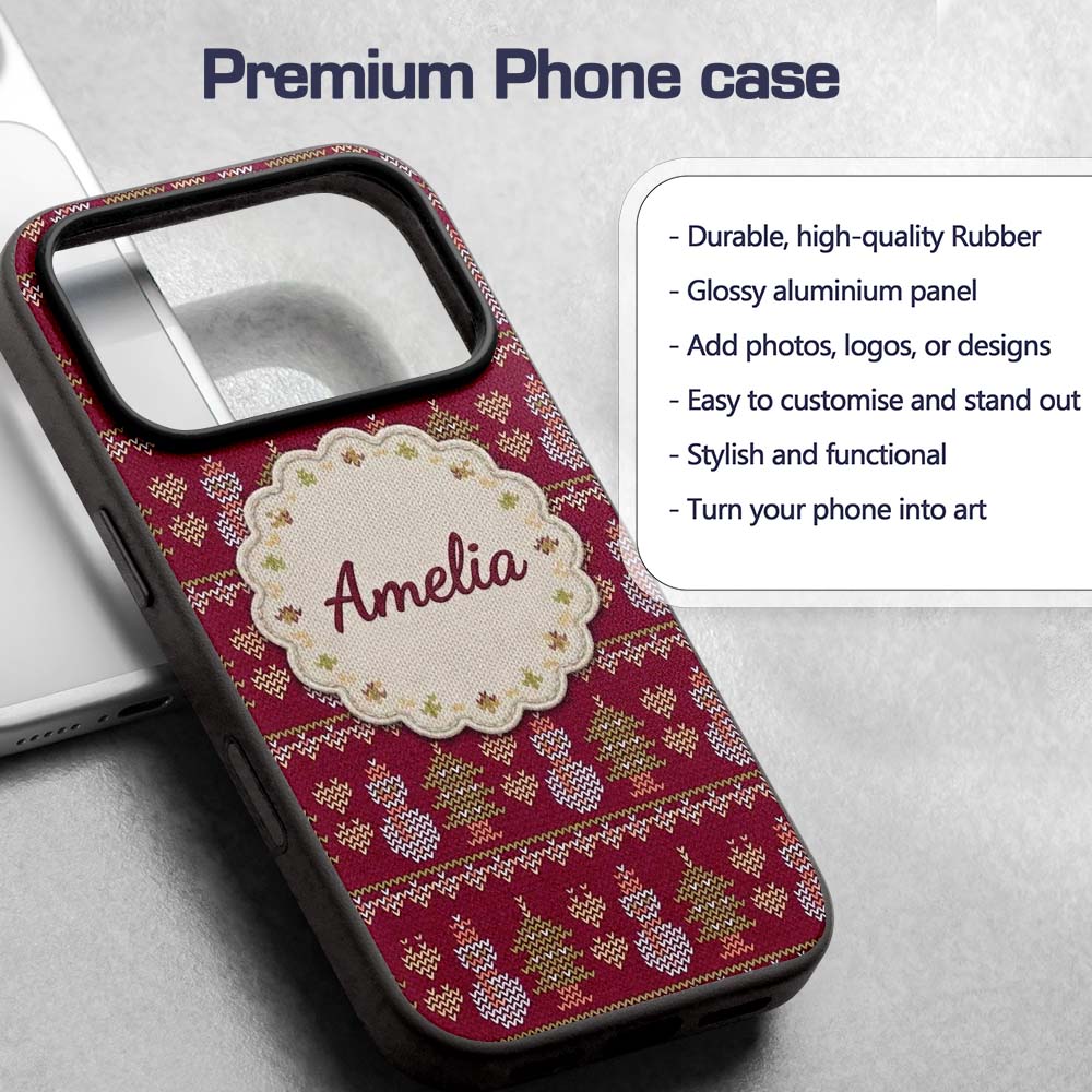 Cute Snowman Christmas Tree Knit Pattern Burgundy Custom Name Protective Phone Case Mobile Cover Durable Everyday Smartphone Shock Resistant