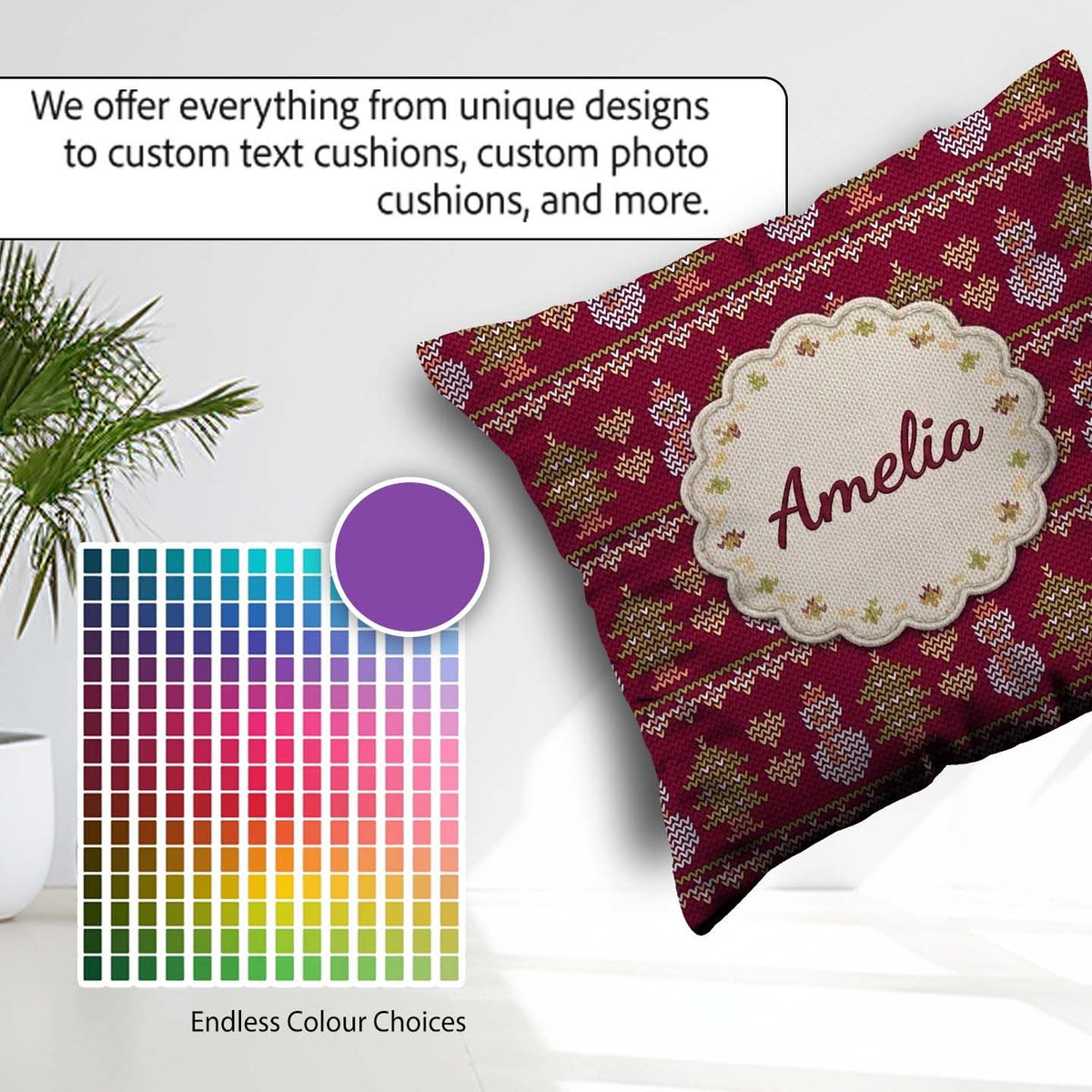 Custom Name Cute Snowman Christmas Tree Knit Pattern Green White Square Filled Cushion Throw Pillow Sofa Bed Home Decor Zip Washable UK Made