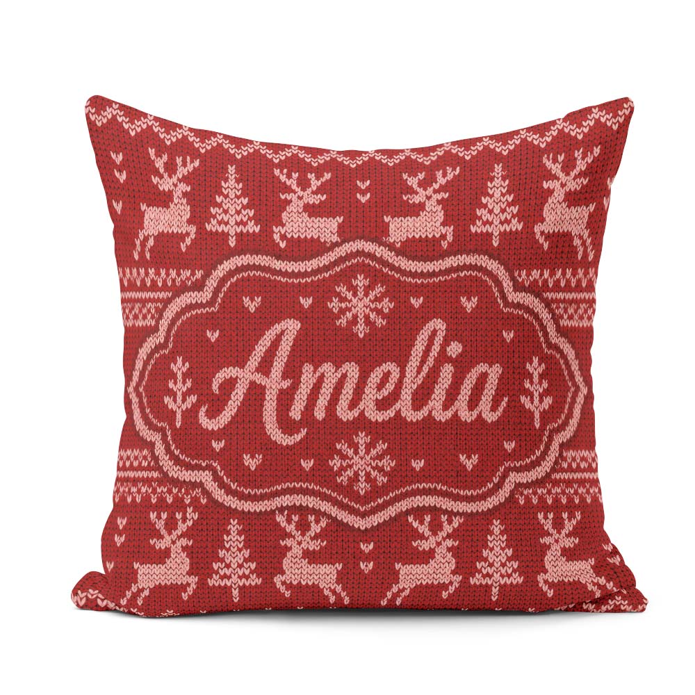 Custom Name RedNordic Knit Heart Snowflake Pattern Sweater Style Square Filled Cushion Throw Pillow Sofa Bed Home Decor Zip Washable UK Made