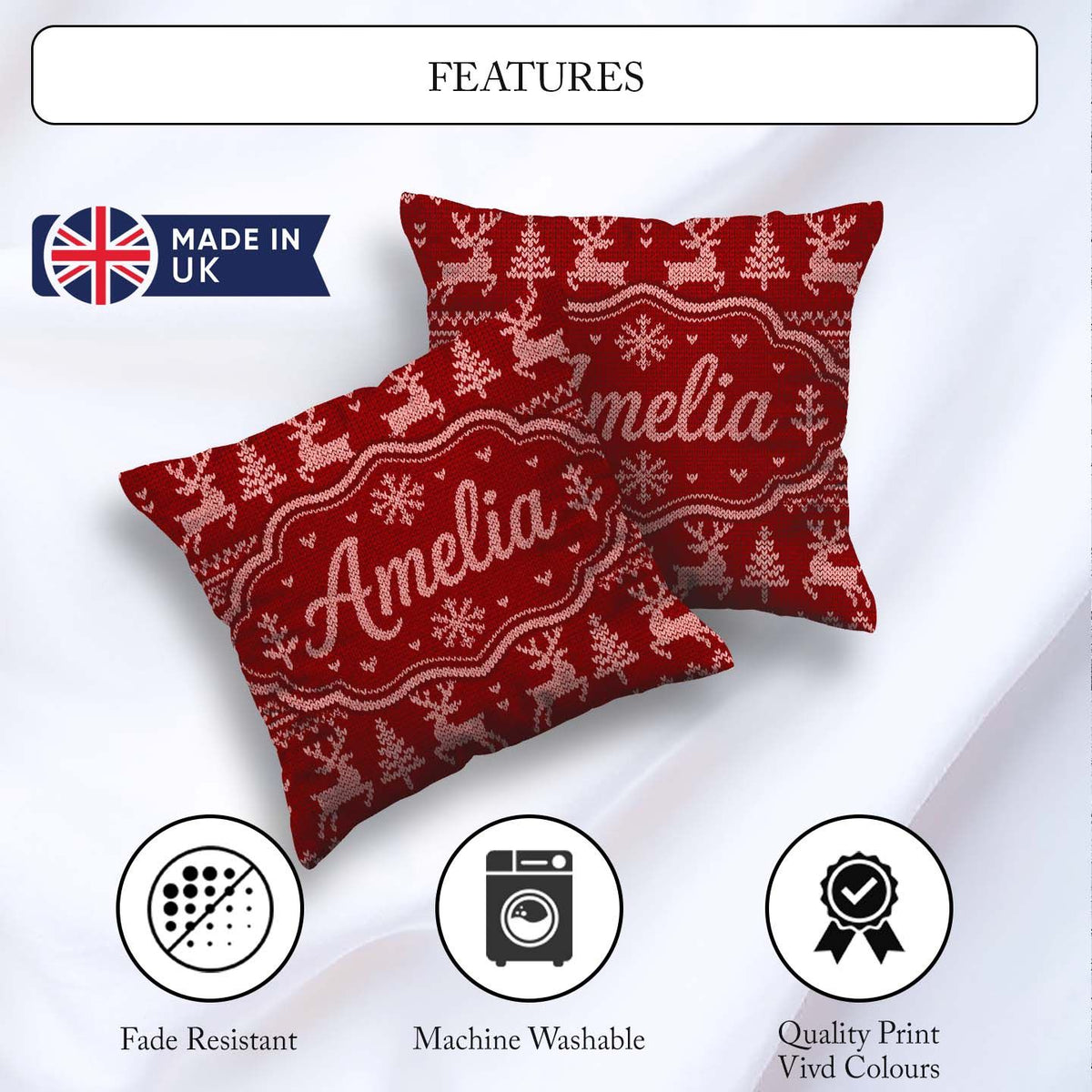 Custom Name RedNordic Knit Heart Snowflake Pattern Sweater Style Square Filled Cushion Throw Pillow Sofa Bed Home Decor Zip Washable UK Made