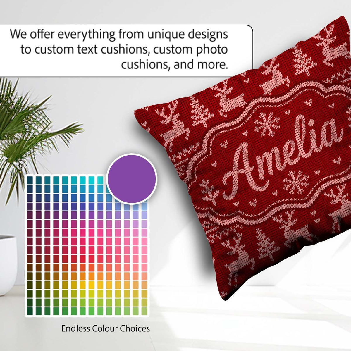 Custom Name RedNordic Knit Heart Snowflake Pattern Sweater Style Square Filled Cushion Throw Pillow Sofa Bed Home Decor Zip Washable UK Made
