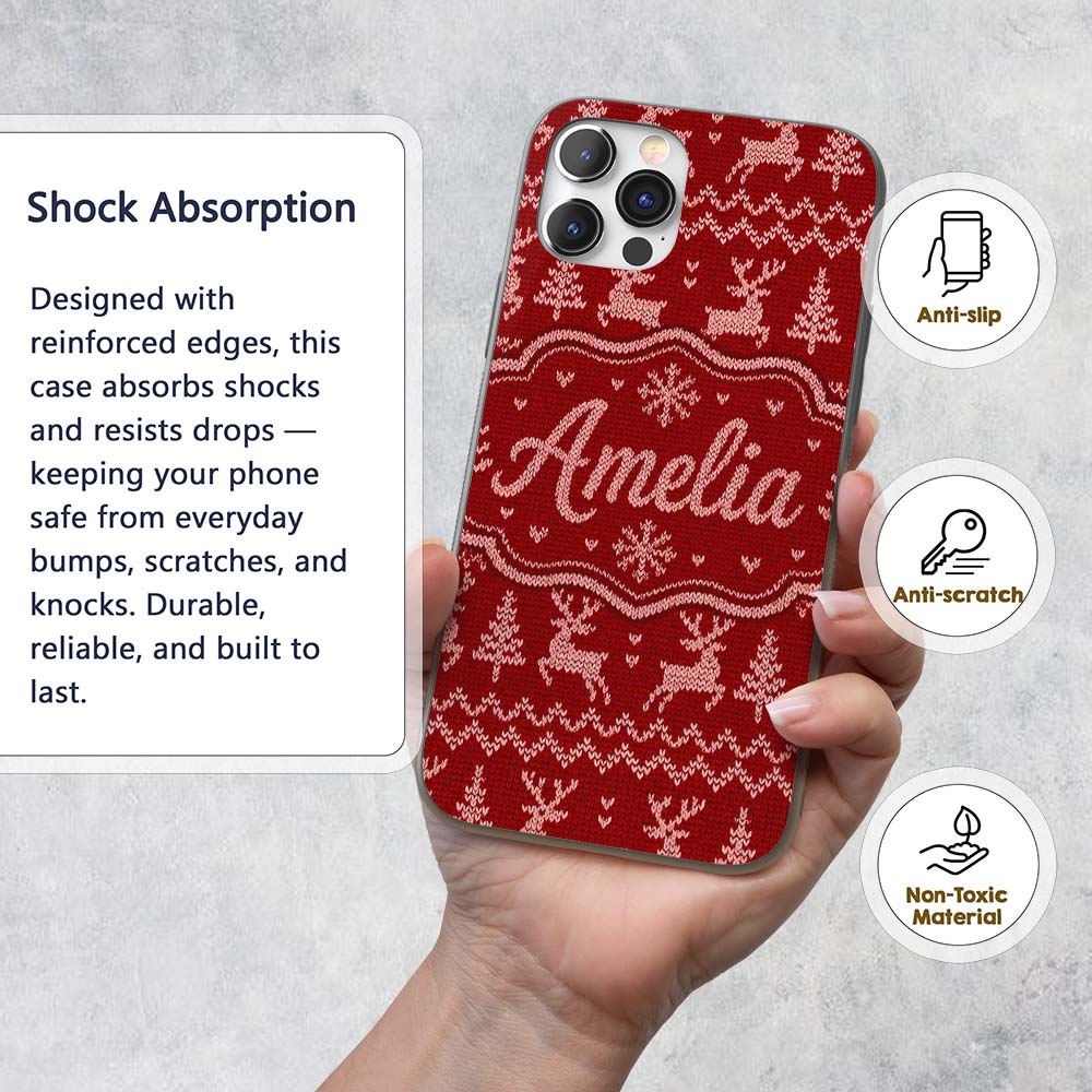 RedNordic Knit Heart Snowflake Pattern Christmas Custom Name Protective Phone Case Mobile Cover Durable Everyday Smartphone Shock Resistant
