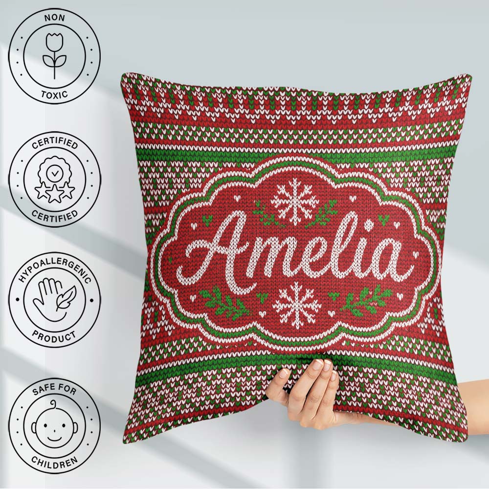 Custom Name Classic Red Green White Knit Stripe Nordic Christmas Square Filled Cushion Throw Pillow Sofa Bed Home Decor Zip Washable UK Made