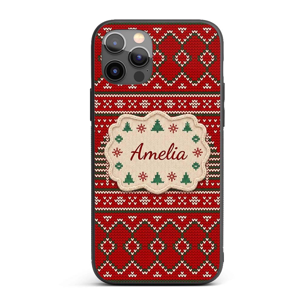 Christmas Tree Heart Knit Pattern Red Green White Custom Name Protective Phone Case Mobile Cover Durable Everyday Smartphone Shock Resistant