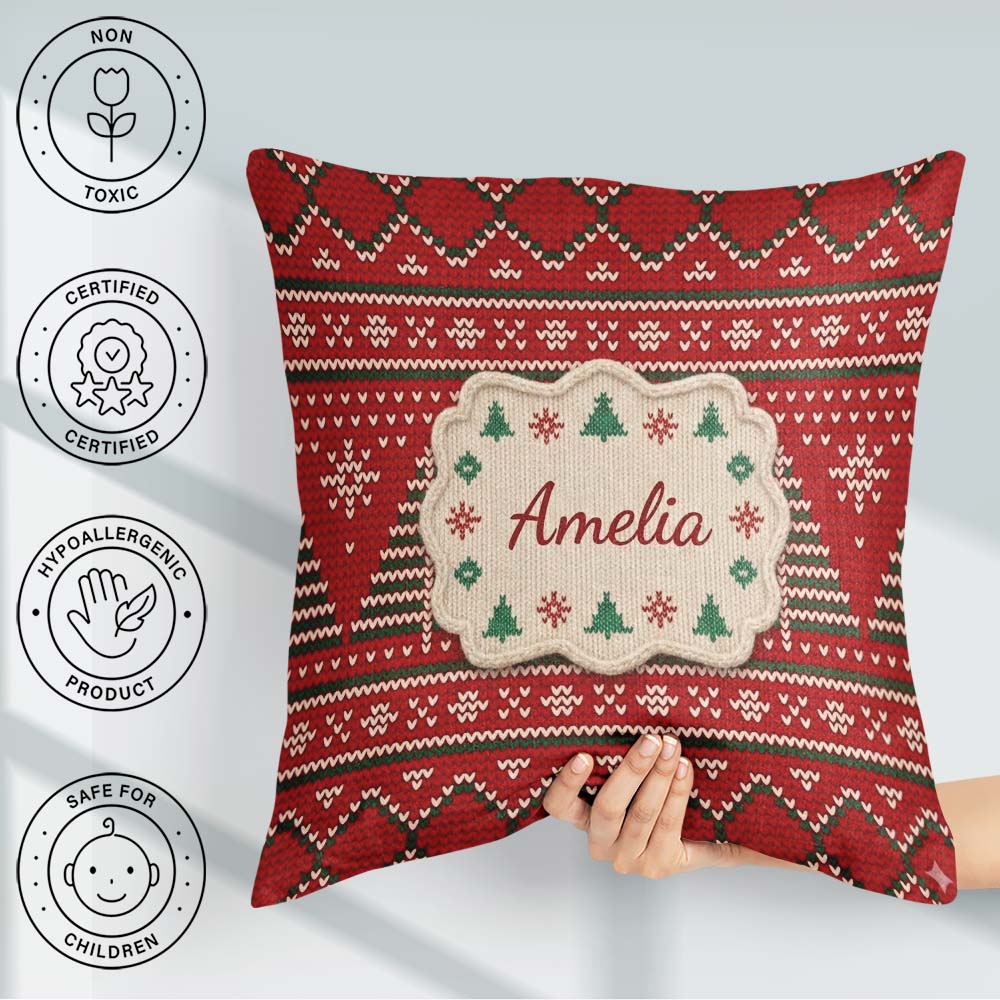 Custom Name Christmas Tree Heart Knit Pattern Green White Nordic Square Filled Cushion Throw Pillow Sofa Bed Home Decor Zip Washable UK Made