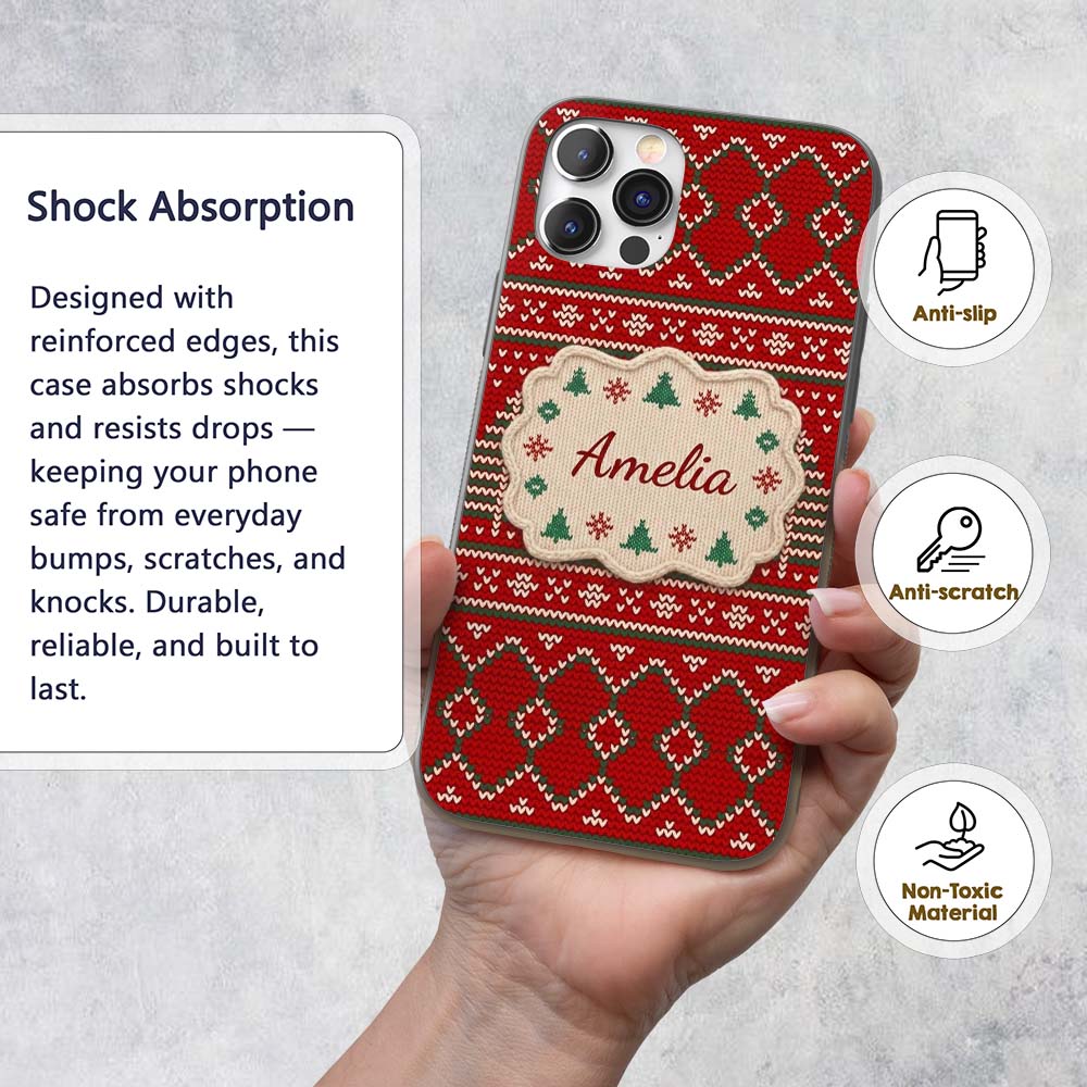 Christmas Tree Heart Knit Pattern Red Green White Custom Name Protective Phone Case Mobile Cover Durable Everyday Smartphone Shock Resistant
