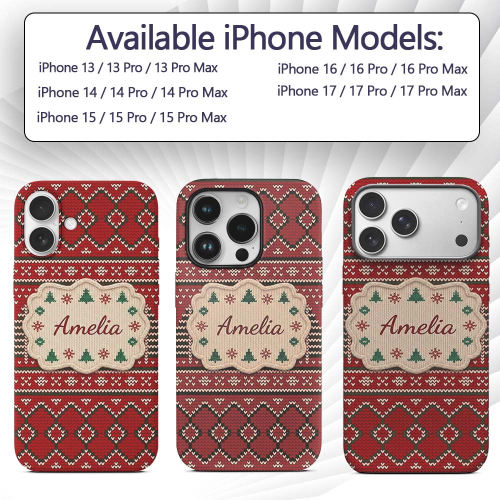 Christmas Tree Heart Knit Pattern Red Green White Custom Name Protective Phone Case Mobile Cover Durable Everyday Smartphone Shock Resistant