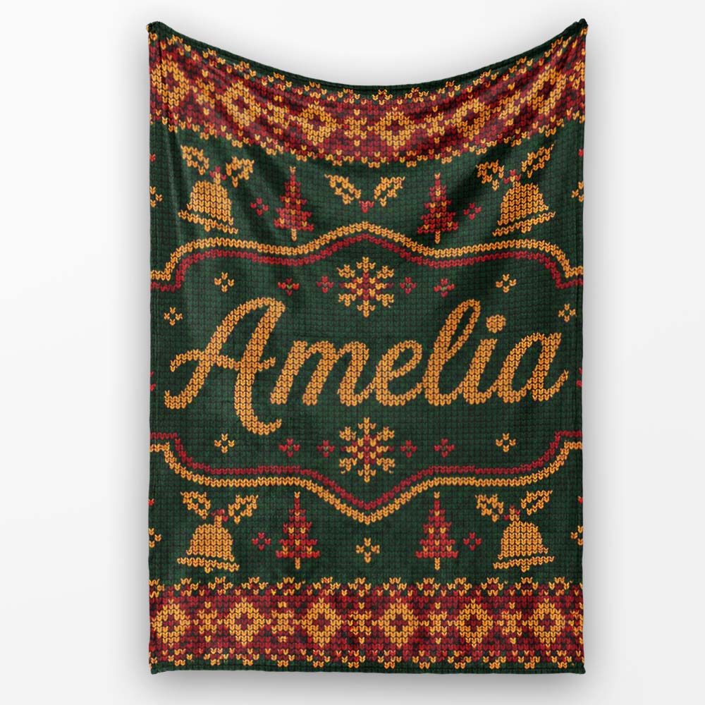 Holiday Gift Box Knit Pattern Green Red Gold Christmas Sweater Style Personalised Custom Name Super Soft Fleece Blanket Bed Sofa Throw