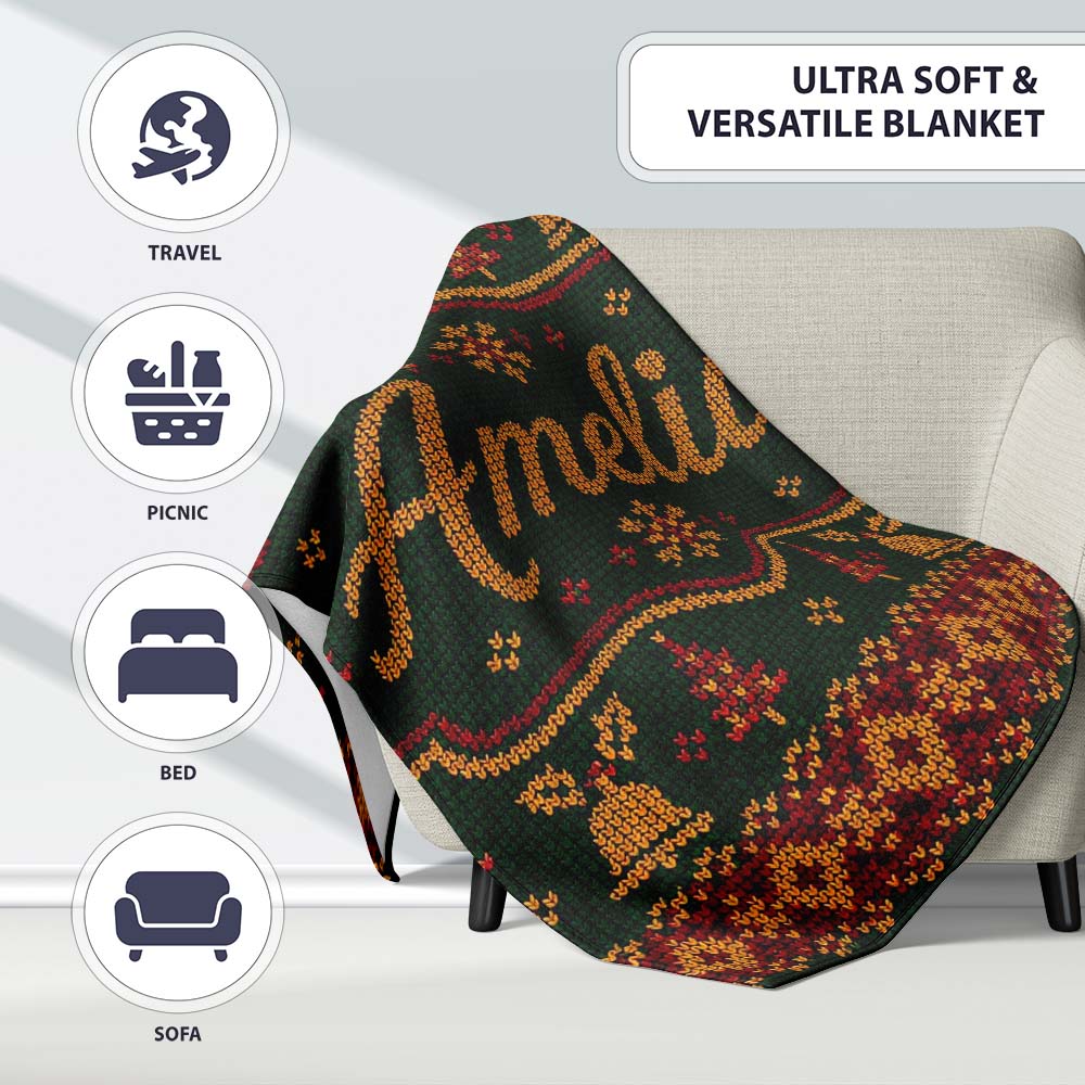 Holiday Gift Box Knit Pattern Green Red Gold Christmas Sweater Style Personalised Custom Name Super Soft Fleece Blanket Bed Sofa Throw