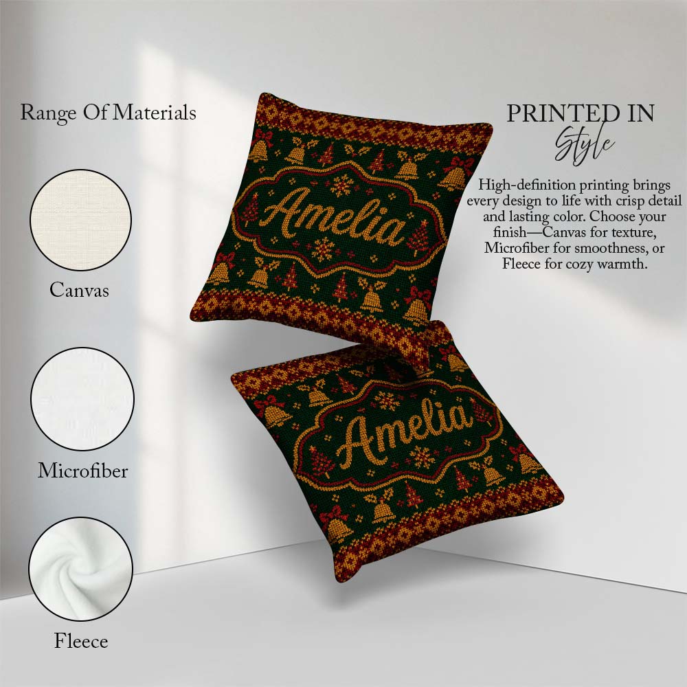 Custom Name Holiday Gift Box Knit Pattern Green Red Gold Sweater Square Filled Cushion Throw Pillow Sofa Bed Home Decor Zip Washable UK Made