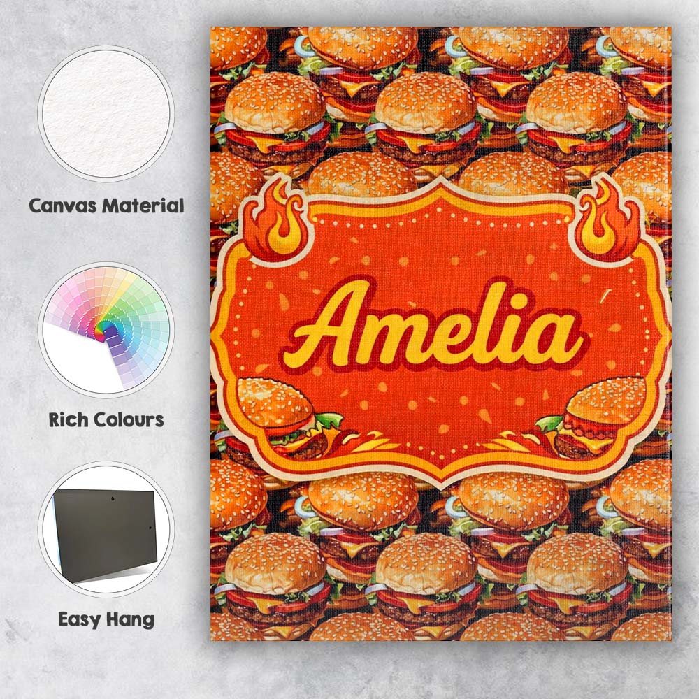 Personalised Name Realistic Cheeseburger Seamless Pattern Fast Food Custom Canvas Wall Art Print Decor Picture Ready to Hang