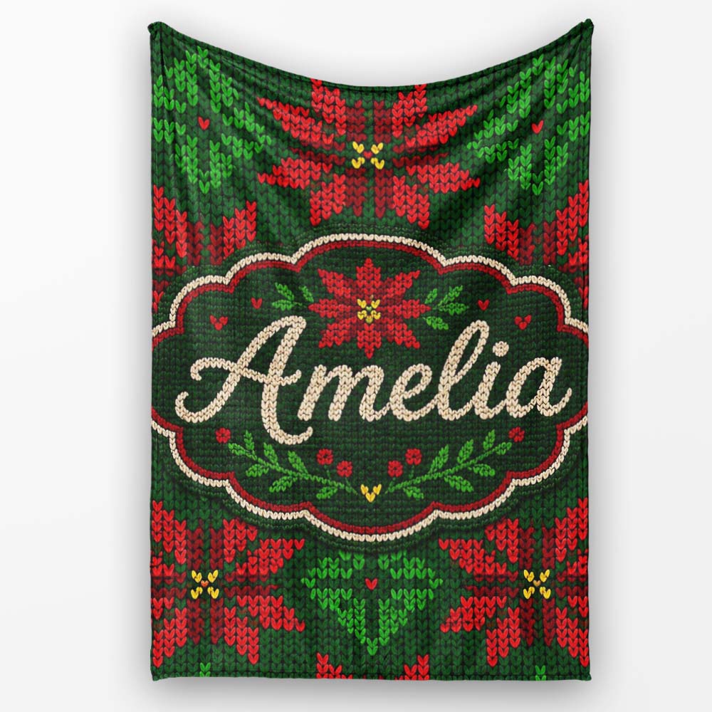 Festive Holly Leaf Berry Knit Pattern Green Red Christmas Seamless Personalised Custom Name Super Soft Fleece Blanket Bed Sofa Throw