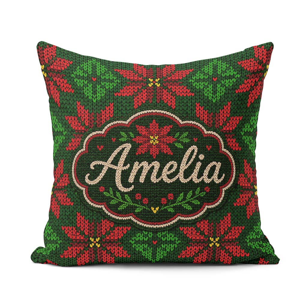 Custom Name Festive Holly Leaf Berry Pattern Green Red Christmas Square Filled Cushion Throw Pillow Sofa Bed Home Decor Zip Washable UK Made