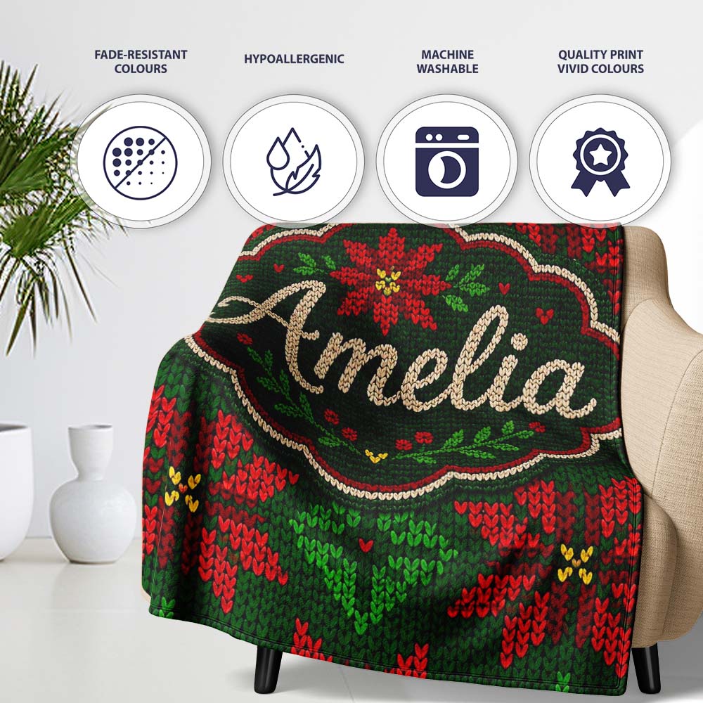 Festive Holly Leaf Berry Knit Pattern Green Red Christmas Seamless Personalised Custom Name Super Soft Fleece Blanket Bed Sofa Throw