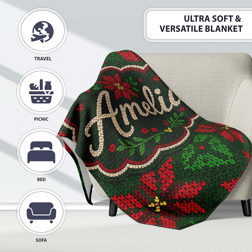 Festive Holly Leaf Berry Knit Pattern Green Red Christmas Seamless Personalised Custom Name Super Soft Fleece Blanket Bed Sofa Throw