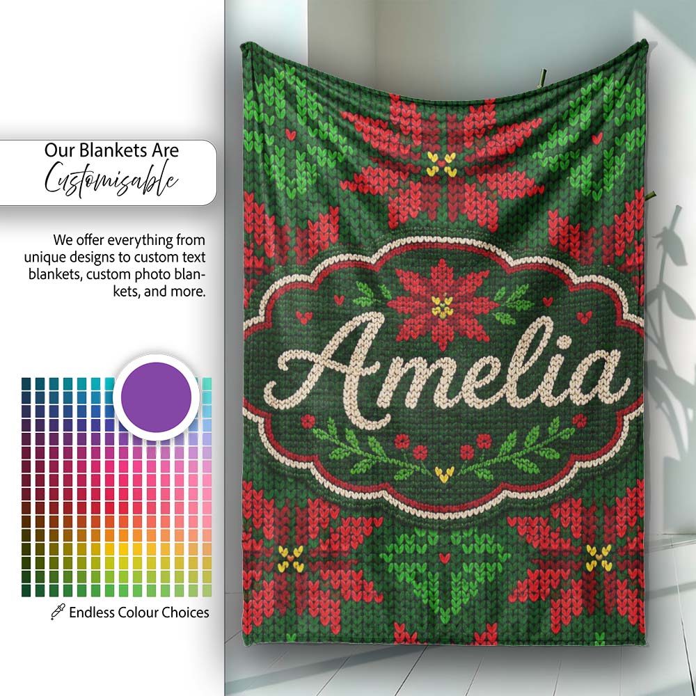 Festive Holly Leaf Berry Knit Pattern Green Red Christmas Seamless Personalised Custom Name Super Soft Fleece Blanket Bed Sofa Throw