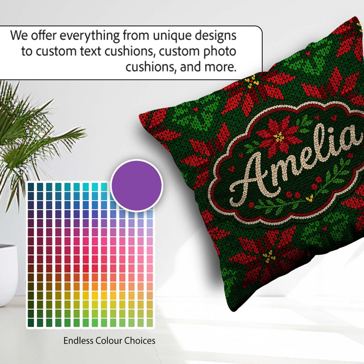 Custom Name Festive Holly Leaf Berry Pattern Green Red Christmas Square Filled Cushion Throw Pillow Sofa Bed Home Decor Zip Washable UK Made