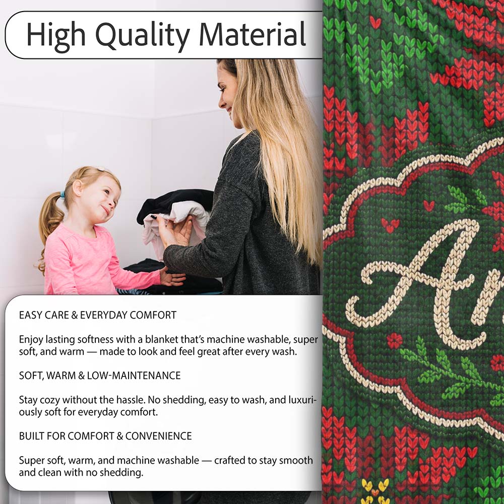 Festive Holly Leaf Berry Knit Pattern Green Red Christmas Seamless Personalised Custom Name Super Soft Fleece Blanket Bed Sofa Throw
