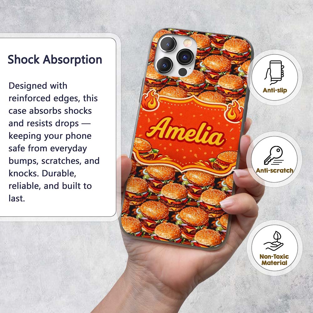 Realistic Cheeseburger Seamless Pattern Fast Food Custom Name Protective Phone Case Mobile Cover Durable Everyday Smartphone Shock Resistant