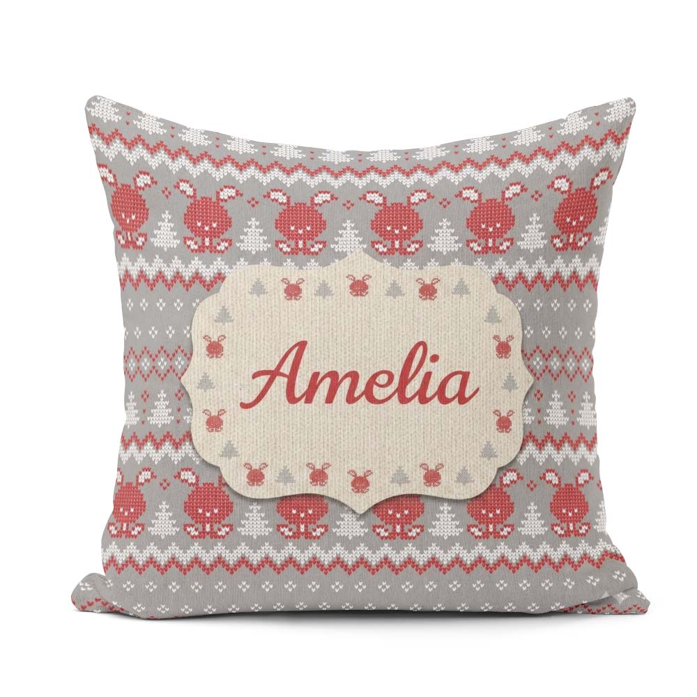 Custom Name Reindeer Tree Knit Pattern Grey Red White Christmas Square Filled Cushion Throw Pillow Sofa Bed Home Decor Zip Washable UK Made
