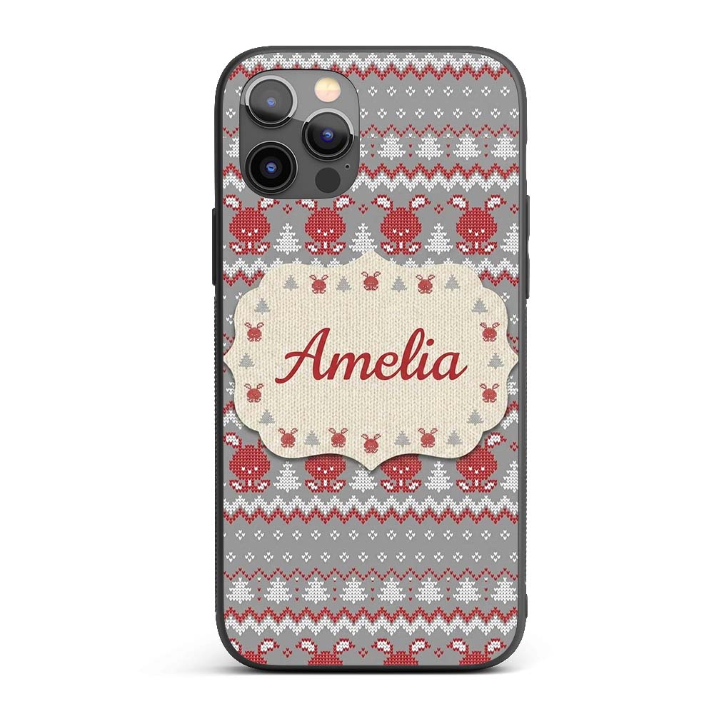 Cute Reindeer Tree Knit Pattern Grey Red White Custom Name Protective Phone Case Mobile Cover Durable Everyday Smartphone Shock Resistant