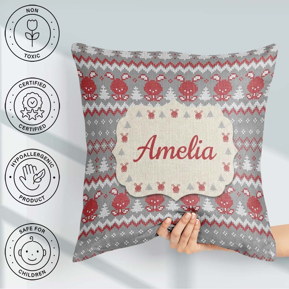 Custom Name Reindeer Tree Knit Pattern Grey Red White Christmas Square Filled Cushion Throw Pillow Sofa Bed Home Decor Zip Washable UK Made