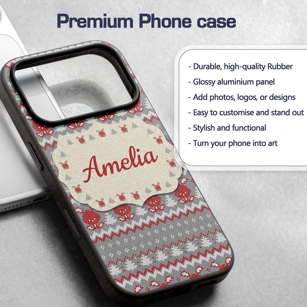 Cute Reindeer Tree Knit Pattern Grey Red White Custom Name Protective Phone Case Mobile Cover Durable Everyday Smartphone Shock Resistant