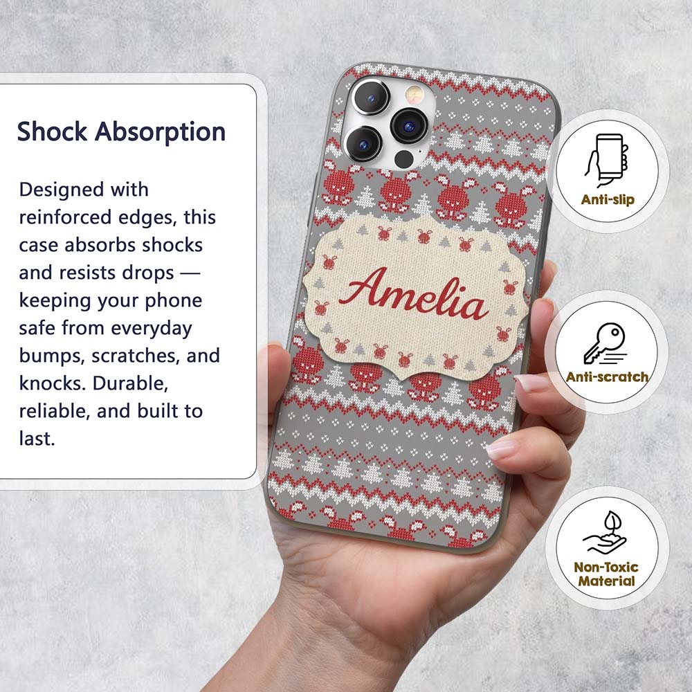 Cute Reindeer Tree Knit Pattern Grey Red White Custom Name Protective Phone Case Mobile Cover Durable Everyday Smartphone Shock Resistant