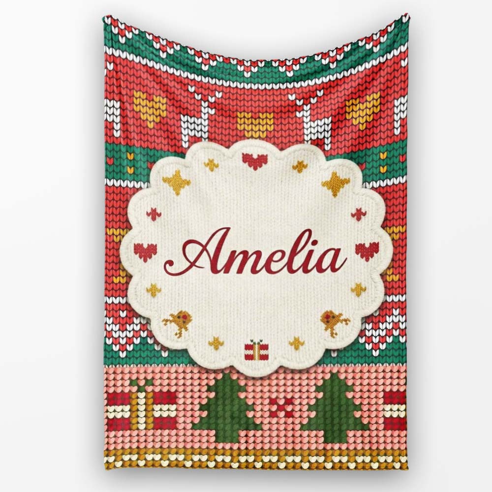 Nordic Deer Heart Tree Knit Pattern Red Green White Festive Seamless Personalised Custom Name Super Soft Fleece Blanket Bed Sofa Throw