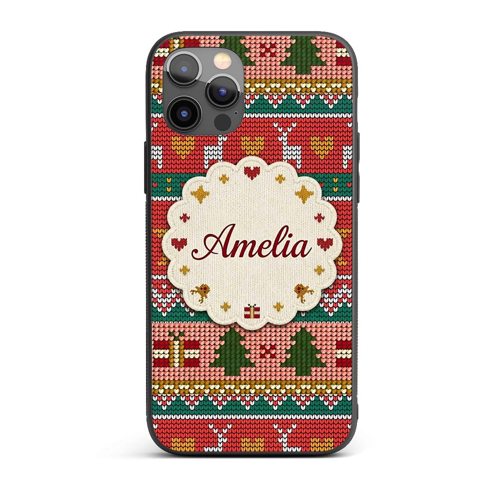 Nordic Deer Heart Tree Knit Pattern Red Green Custom Name Protective Phone Case Mobile Cover Durable Everyday Smartphone Shock Resistant