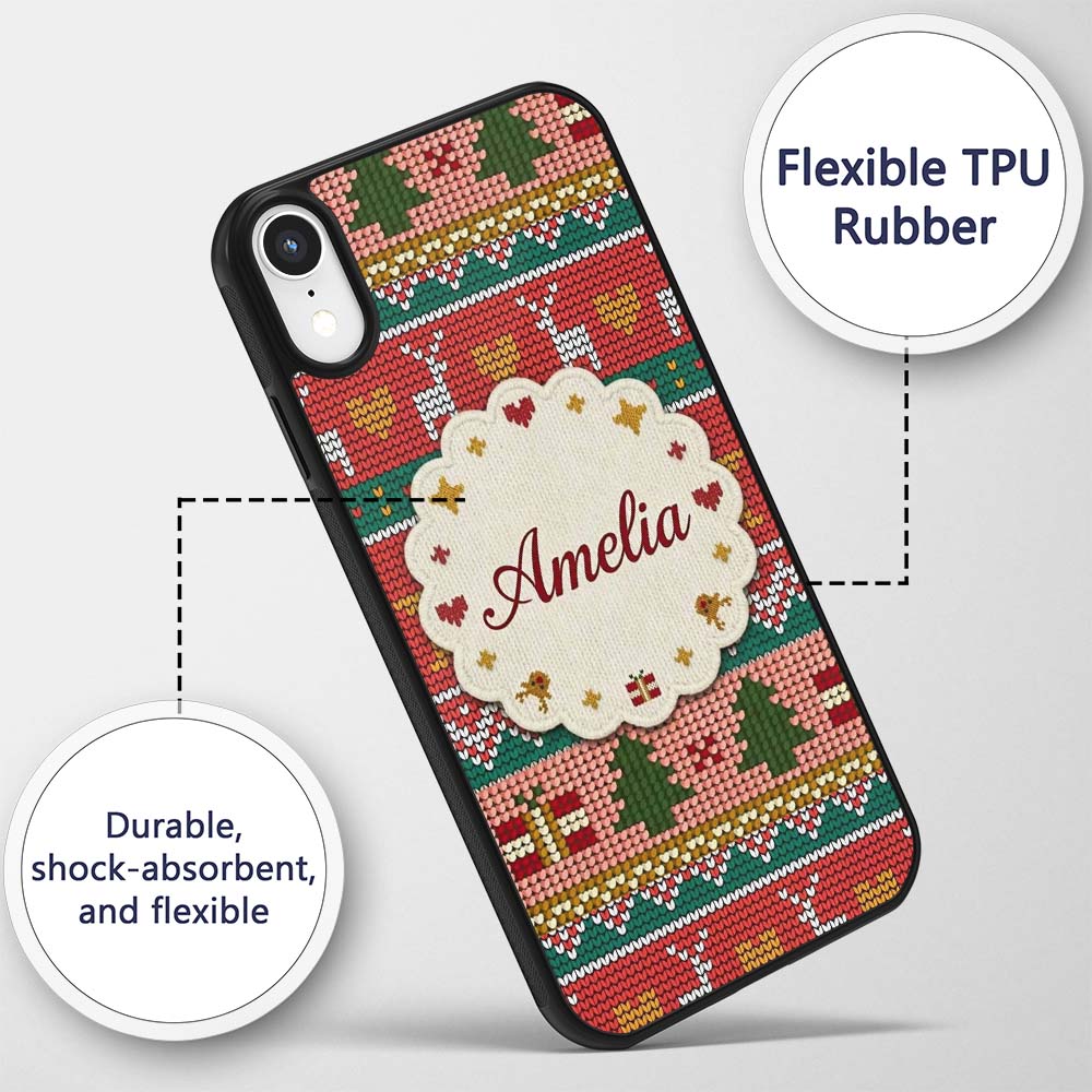 Nordic Deer Heart Tree Knit Pattern Red Green Custom Name Protective Phone Case Mobile Cover Durable Everyday Smartphone Shock Resistant