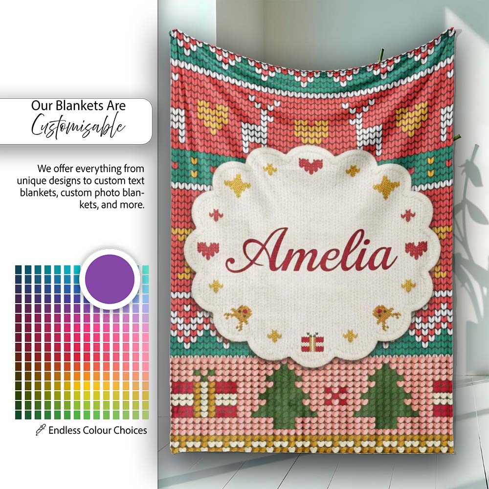 Nordic Deer Heart Tree Knit Pattern Red Green White Festive Seamless Personalised Custom Name Super Soft Fleece Blanket Bed Sofa Throw