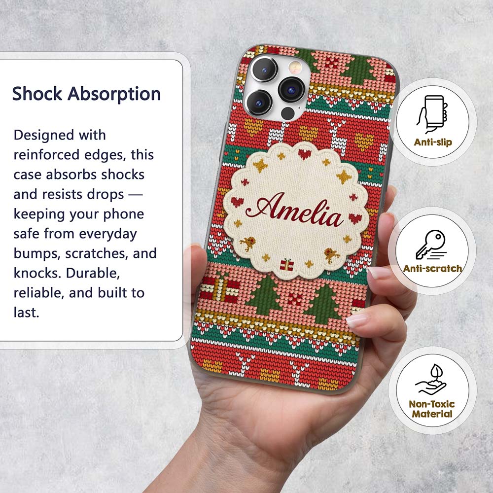 Nordic Deer Heart Tree Knit Pattern Red Green Custom Name Protective Phone Case Mobile Cover Durable Everyday Smartphone Shock Resistant