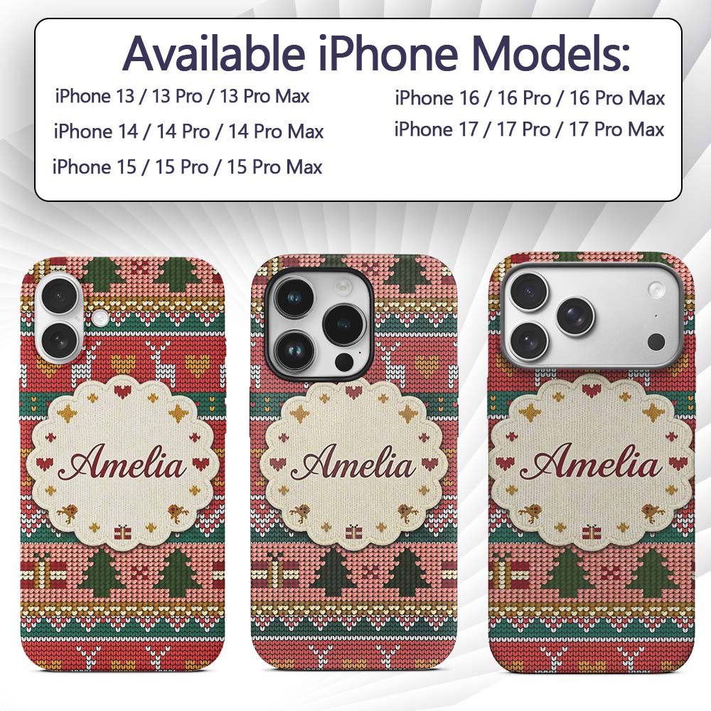 Nordic Deer Heart Tree Knit Pattern Red Green Custom Name Protective Phone Case Mobile Cover Durable Everyday Smartphone Shock Resistant