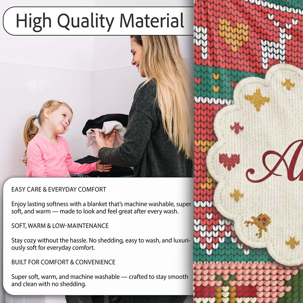 Nordic Deer Heart Tree Knit Pattern Red Green White Festive Seamless Personalised Custom Name Super Soft Fleece Blanket Bed Sofa Throw