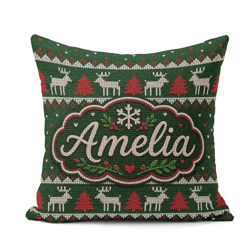 Custom Name Scandinavian Reindeer Mountain Knit Green Red White Square Filled Cushion Throw Pillow Sofa Bed Home Decor Zip Washable UK Made