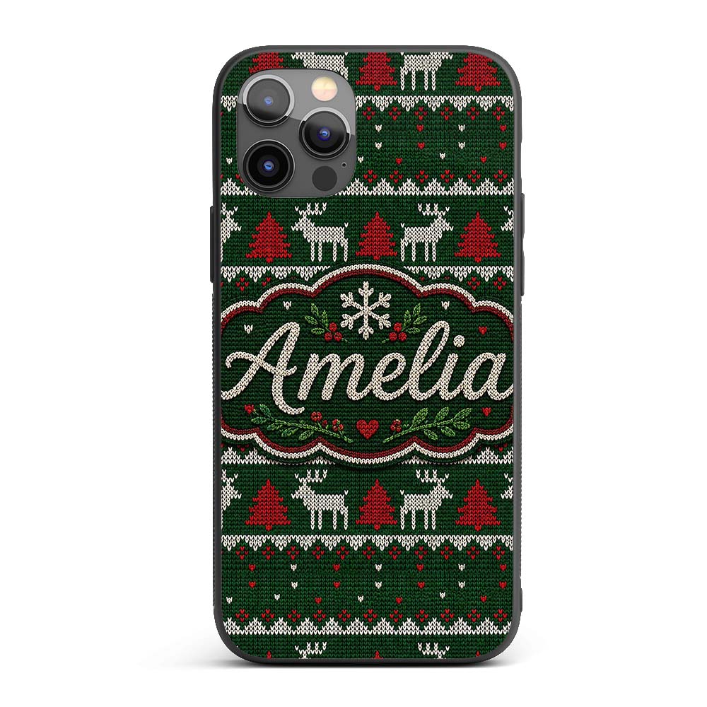 Scandinavian Reindeer Mountain Knit Pattern Green Custom Name Protective Phone Case Mobile Cover Durable Everyday Smartphone Shock Resistant