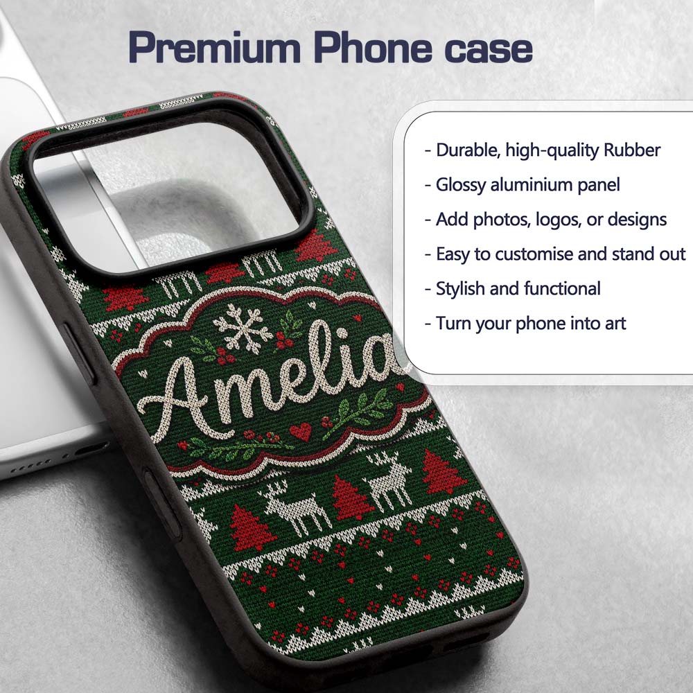 Scandinavian Reindeer Mountain Knit Pattern Green Custom Name Protective Phone Case Mobile Cover Durable Everyday Smartphone Shock Resistant