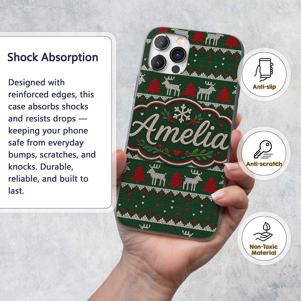 Scandinavian Reindeer Mountain Knit Pattern Green Custom Name Protective Phone Case Mobile Cover Durable Everyday Smartphone Shock Resistant