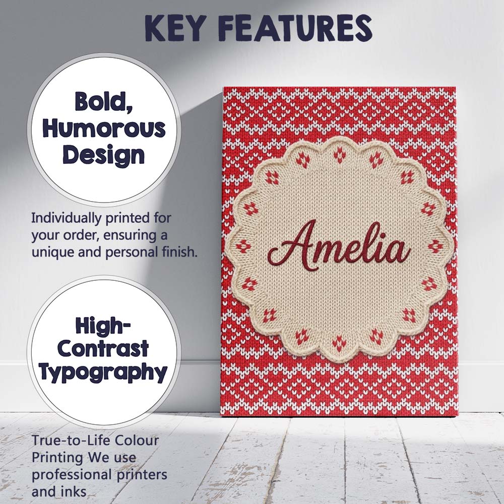 Personalised Name Red White Nordic Knit Custom Modern Room Accent Elegant Feature Canvas Wall Art Print Decor Picture Ready to Hang