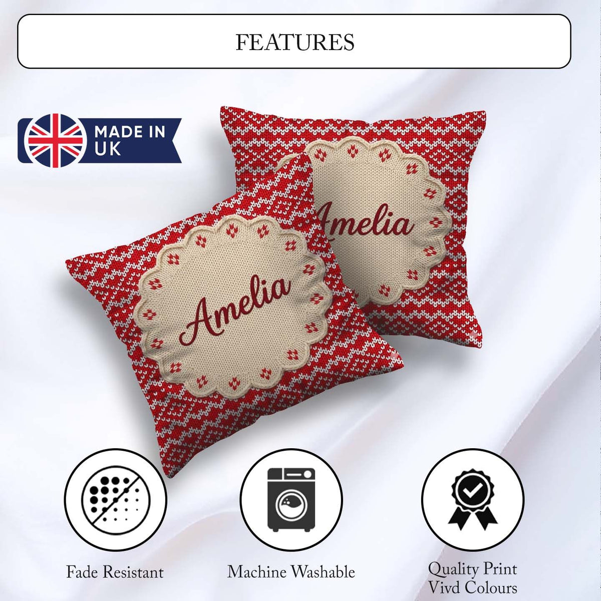 Custom Name Red White Nordic Snowflake Chevron Pattern Christmas Square Filled Cushion Throw Pillow Sofa Bed Home Decor Zip Washable UK Made
