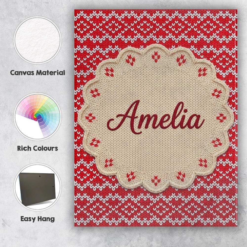 Personalised Name Red White Nordic Knit Custom Modern Room Accent Elegant Feature Canvas Wall Art Print Decor Picture Ready to Hang