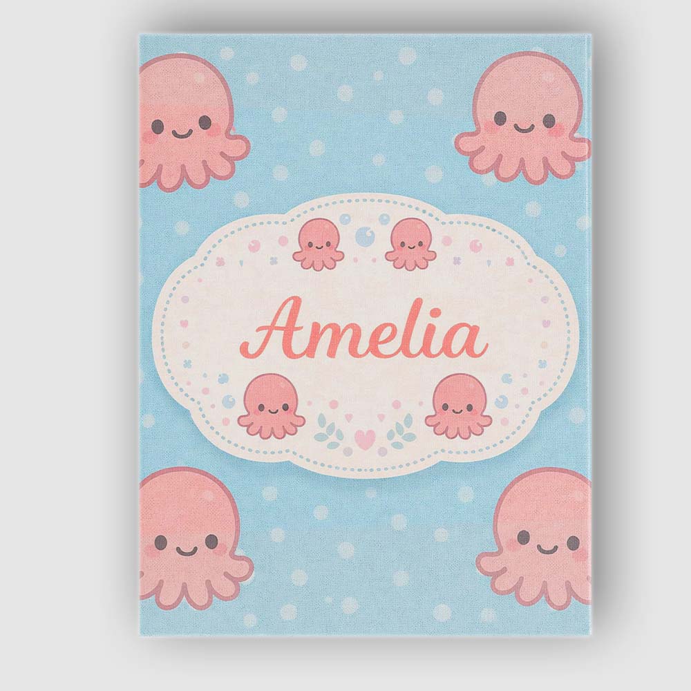 Personalised Name Cute Pink Octopus Cartoon Sea Animal Pattern Custom Modern Room Accent Canvas Wall Art Print Decor Picture Ready to Hang