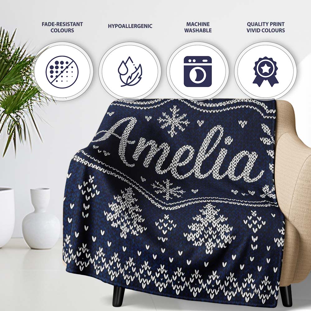 Blue White Christmas Tree Snowflake Knit Pattern Nordic Winter Personalised Custom Name Super Soft Fleece Blanket Bed Sofa Throw