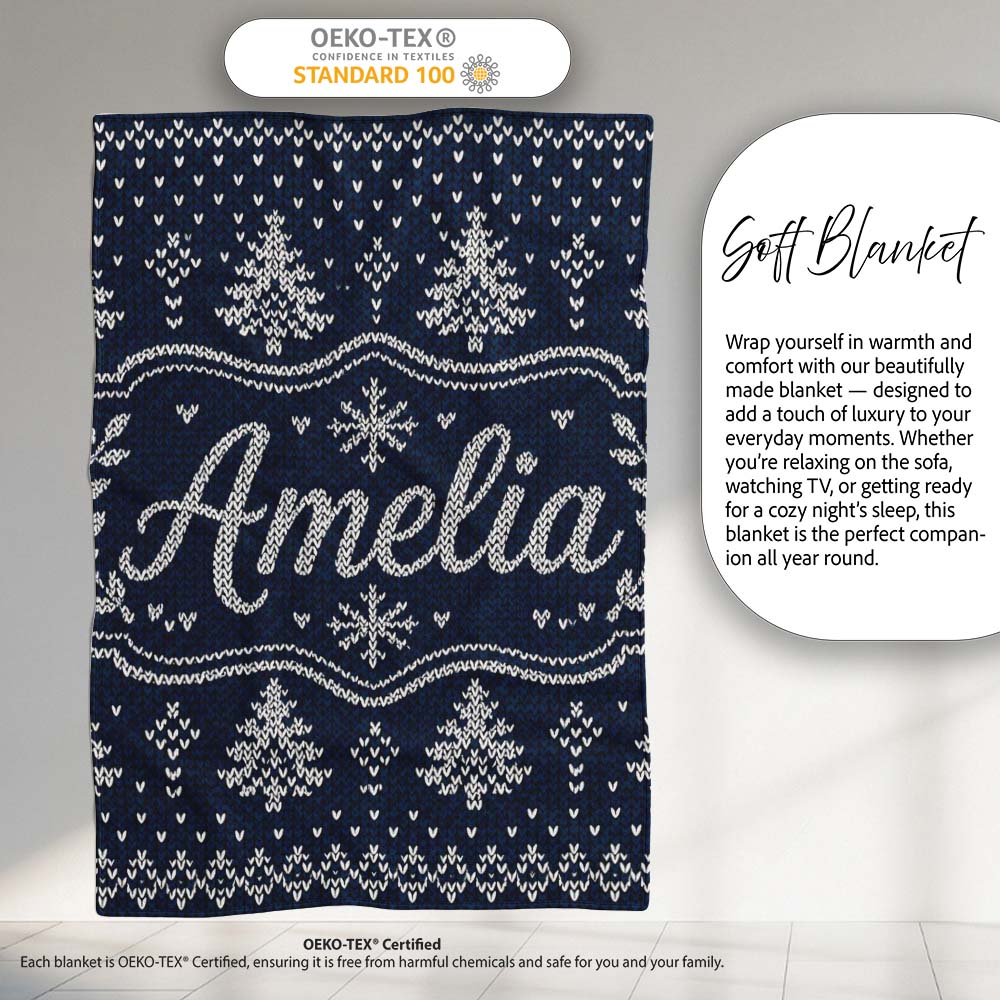 Blue White Christmas Tree Snowflake Knit Pattern Nordic Winter Personalised Custom Name Super Soft Fleece Blanket Bed Sofa Throw