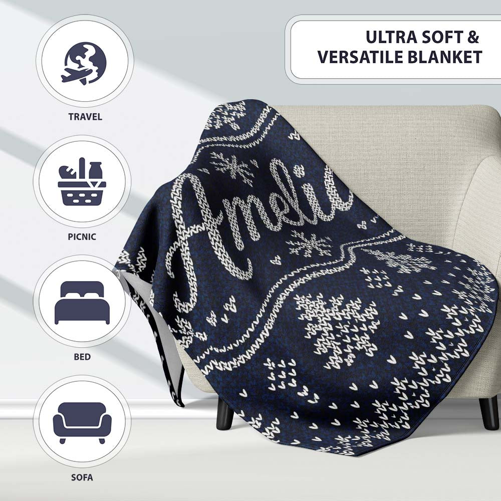 Blue White Christmas Tree Snowflake Knit Pattern Nordic Winter Personalised Custom Name Super Soft Fleece Blanket Bed Sofa Throw