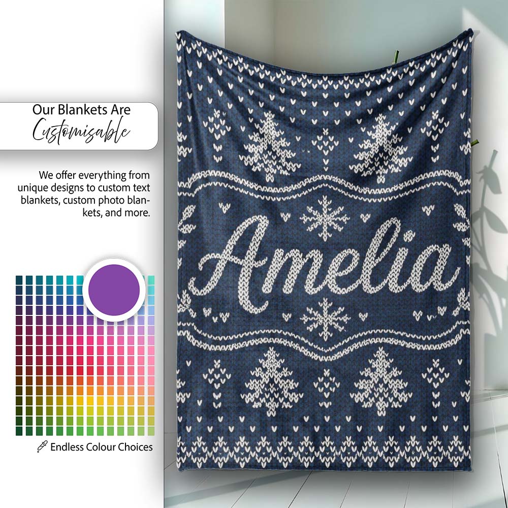 Blue White Christmas Tree Snowflake Knit Pattern Nordic Winter Personalised Custom Name Super Soft Fleece Blanket Bed Sofa Throw
